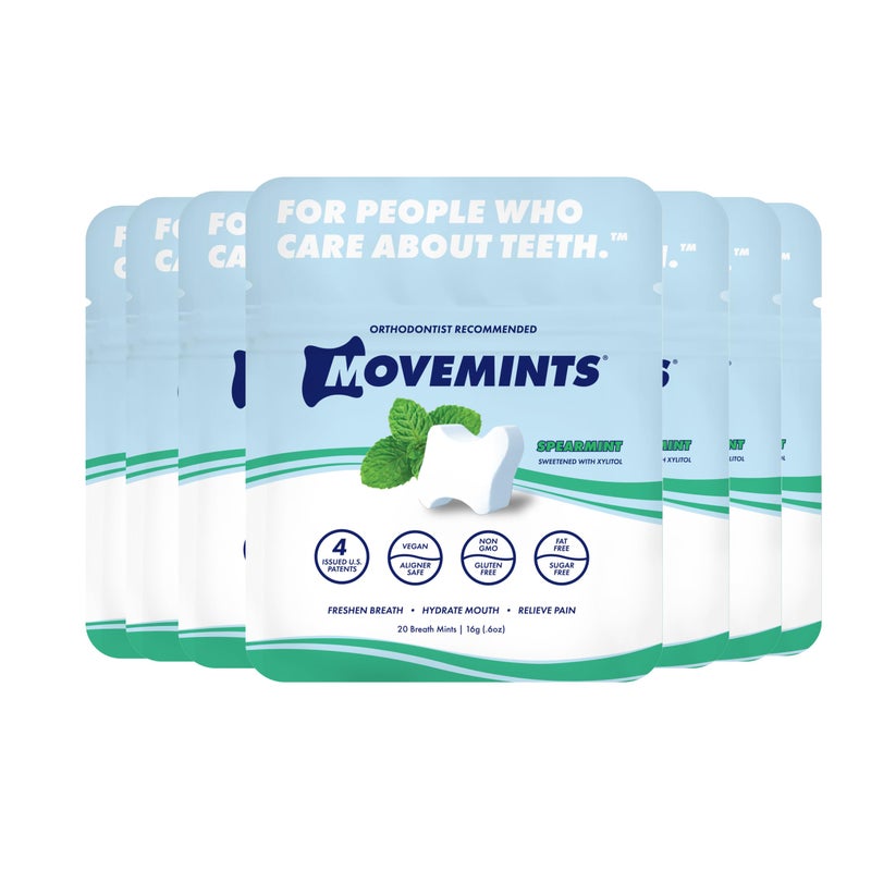 Movemints Clear Aligner Mints - Patented, Edible Alternative to Chewies - Freshen Breath and Improve Dry Mouth with Xylitol - Spearmint (7 Pack) - Image 1